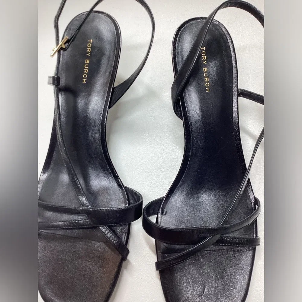 Tory Burch Black Leather Strappy Slingback Heels Size 10.5